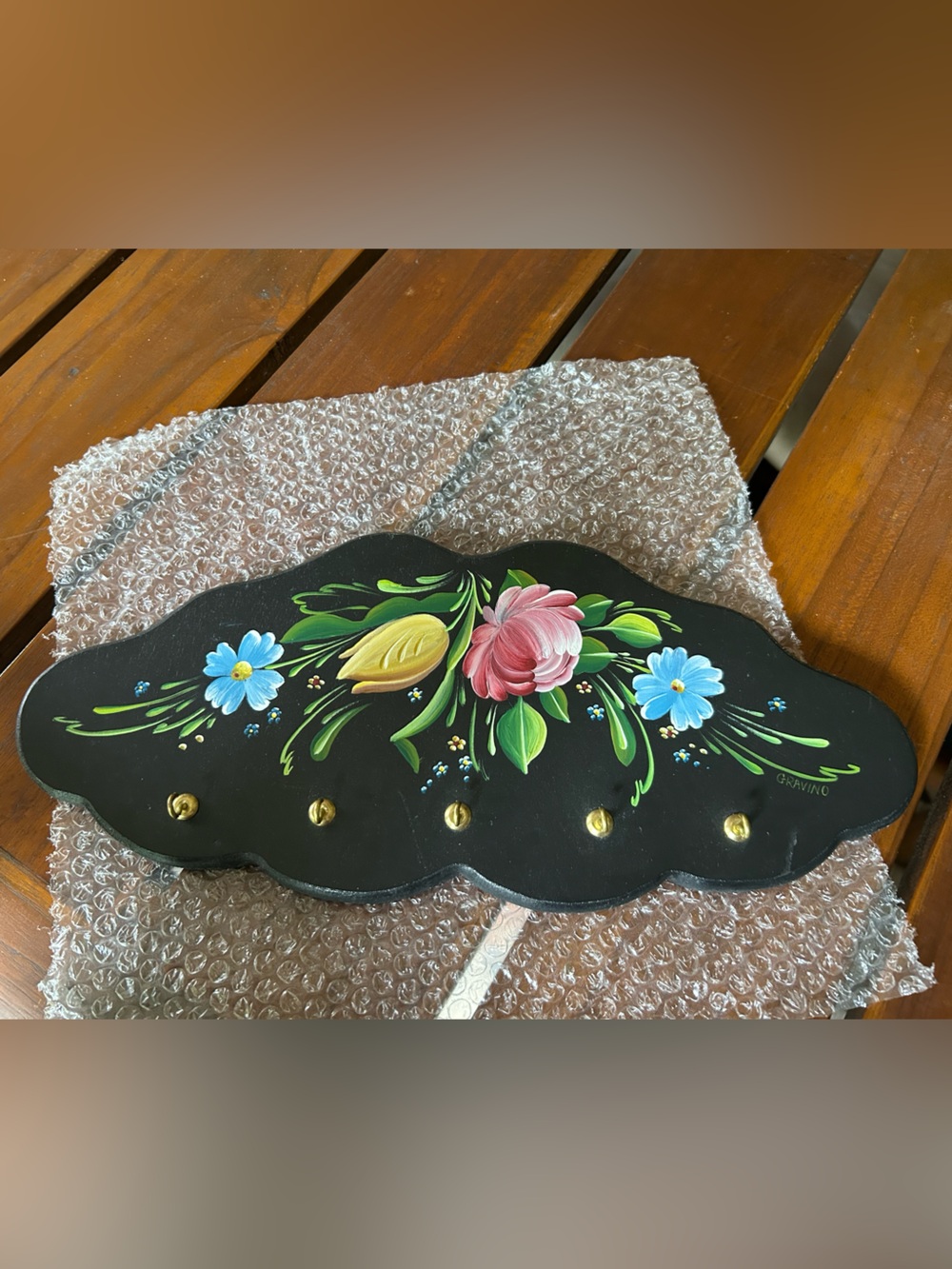 Signed Hand-Painted Floral Key Rack in Black with Blue, Pink & Yellow Accents